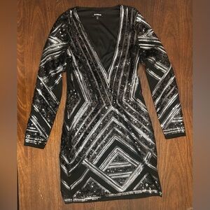 Express Long Sleeve Black and Silver Sequin Dress